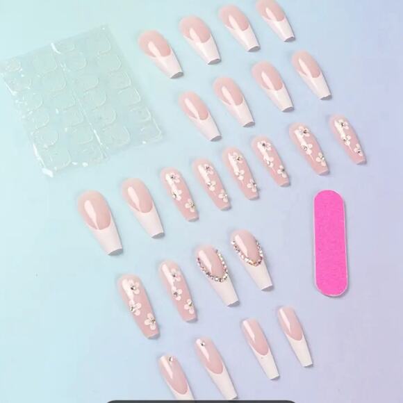 24 pcs Flower Rhinestone French White Long Press On Nails New - Picture 4 of 5